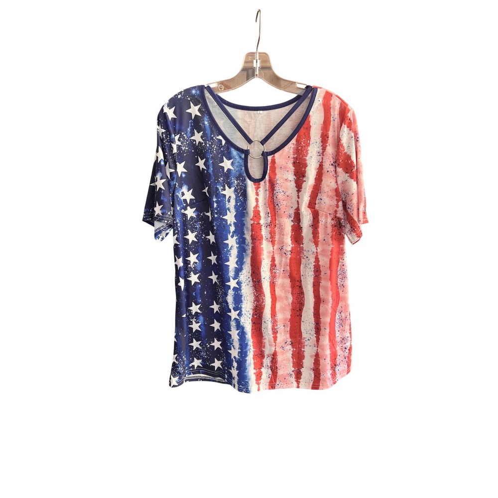 Womens American Flag Stars & Stripes ORing Keyhole Top Red White Blue Large July